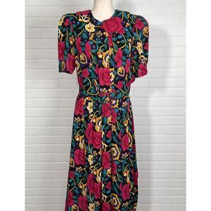 MS Chaus‎ Dress Women 8 Black Pink Floral Jamaican Colorful Pleat Party VTG